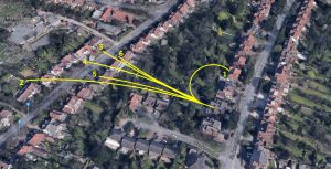The flightpaths of Fred's gliders on the location as it looks today