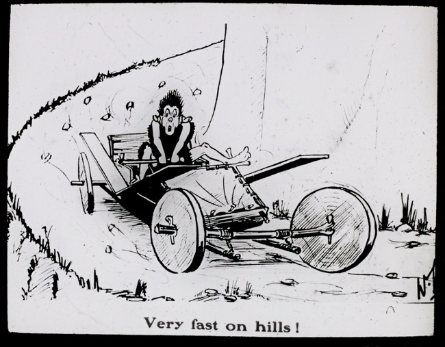 LAN 7/101 - Stone age theme cartoon drawn by Fred Lanchester (using the name Paul Netherton-Herries) 'very fast on hills'