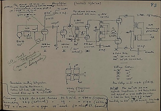 Sketches from Fred’s books-The circuit diagram and notes relating to an Amplifier from Fred’s Sketch Book No.7 (LAN/4/7/101) 27th October 1928