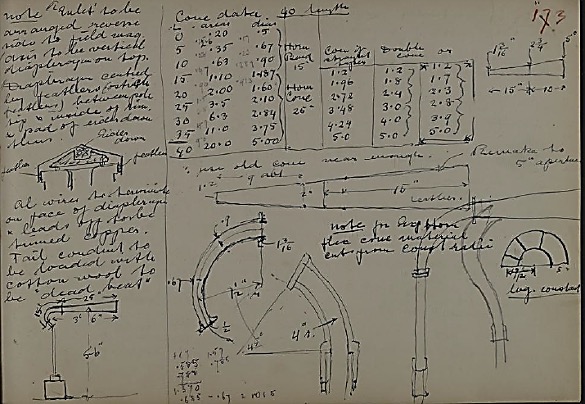 Sketches from Fred’s books- Condenser Microphone - layout, dimensions, cone data - sketches, table LAN/4/7/221