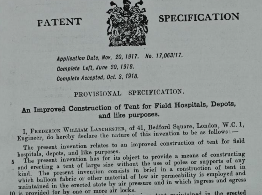 LAN 6-146 - Patent for an improved construction of tent and field hospitals, depots and like purposes, 20 November 1917