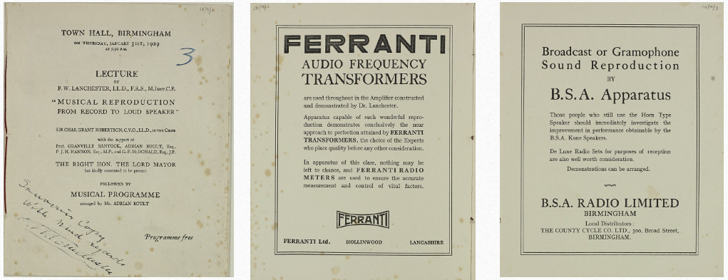 In January 1929 Fred demonstrated his Euterpe-phone at Birmingham Town Hall. This device was used to amplify music that had been pre-recorded. We would know it today as a loudspeaker