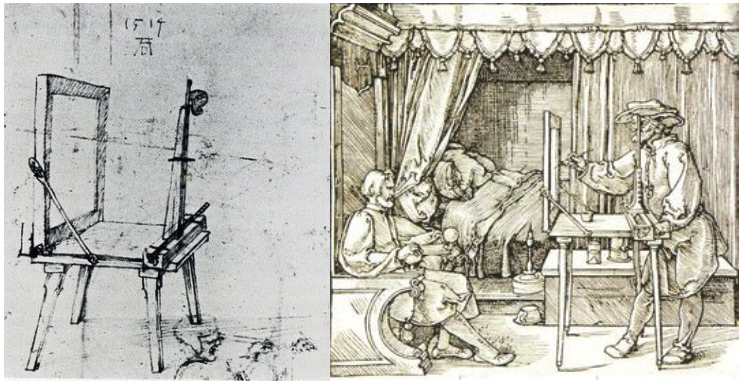 DaVinci developed a contraption called The Perspectograph, a table-like easel with a piece of glass inside a frame. 