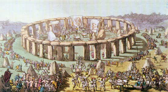 This picture gives you an idea of how it might have looked in its prime. It is of a reconstructed Druid ceremony at Stonehenge 