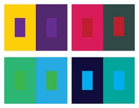 Example of simultaneous contrast - The colour in the centre of each pair is identical but both appear to be different hues