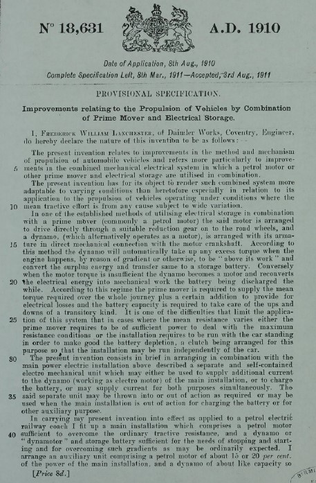 LAN-6-105-1 Patent for improvements relating to the propulsion of vehicles by combustion of prime mover and electrical storage, 08 August 1910