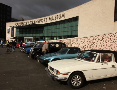 Cars gathered outside the Coventry Transport Museum including the unique Lanchester Leda roadster during Heritage Open Days 2017
