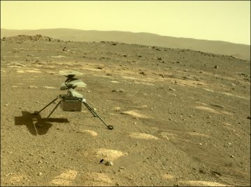 NASA’s Ingenuity helicopter can be seen on Mars as viewed by the Perseverance rover’s rear Hazard Camera on April 4, 2021, the 44th Martian day, or sol of the mission.